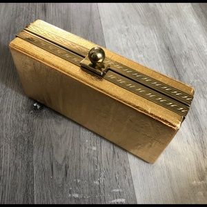 Vintage Gold Fabric Covered Box Clutch Purse with Clasp, Mirror, Pockets